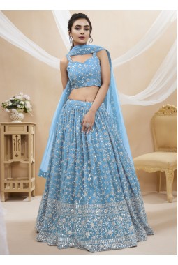 Sky Blue Georgette Zari Embroidered Wedding Lehenga Choli