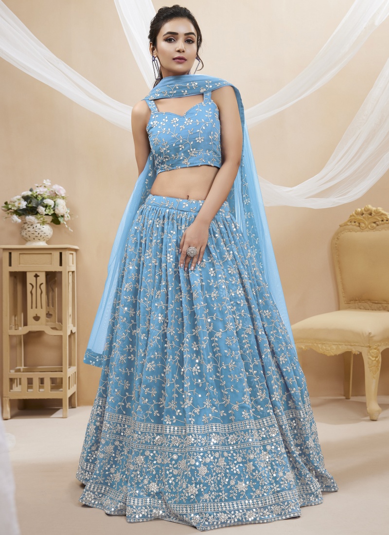 Sky Blue Georgette Zari Embroidered Wedding Lehenga Choli