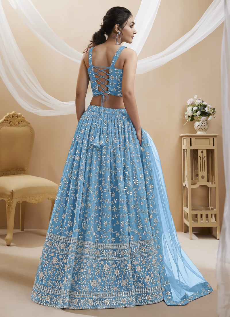 Sky Blue Georgette Zari Embroidered Wedding Lehenga Choli