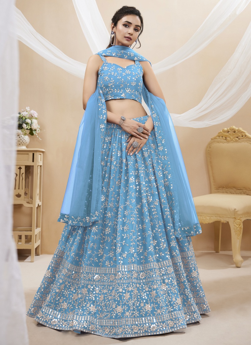 Sky Blue Georgette Zari Embroidered Wedding Lehenga Choli