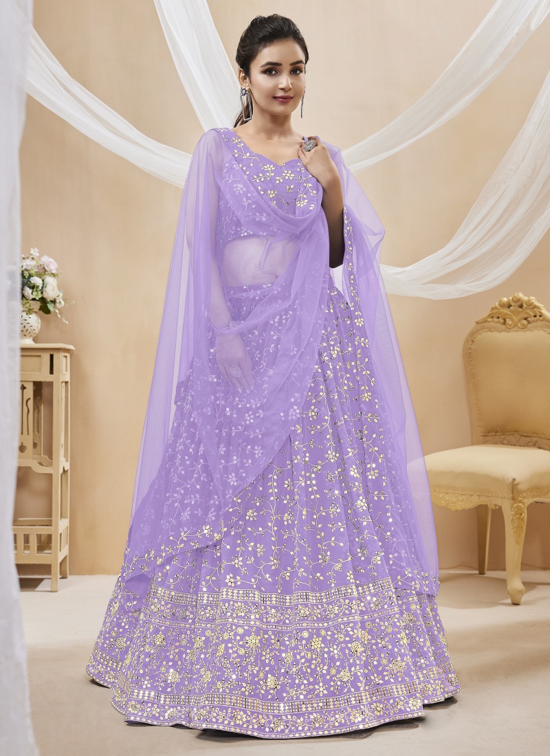 Lavender Georgette Sequins Embroidered Wedding Lehenga Choli