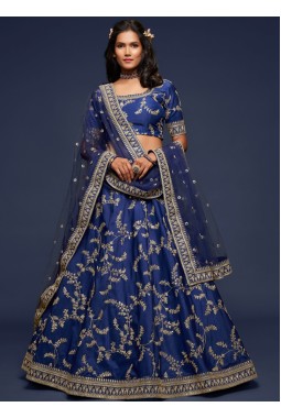Blue Art Silk Zari Embroidery Wedding Lehenga Choli