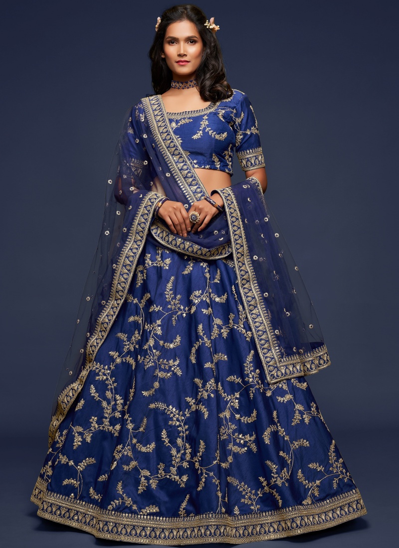 Blue Art Silk Zari Embroidery Wedding Lehenga Choli