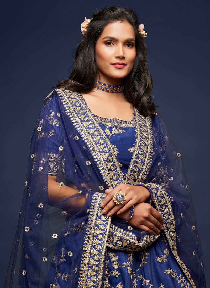 Blue Art Silk Zari Embroidery Wedding Lehenga Choli