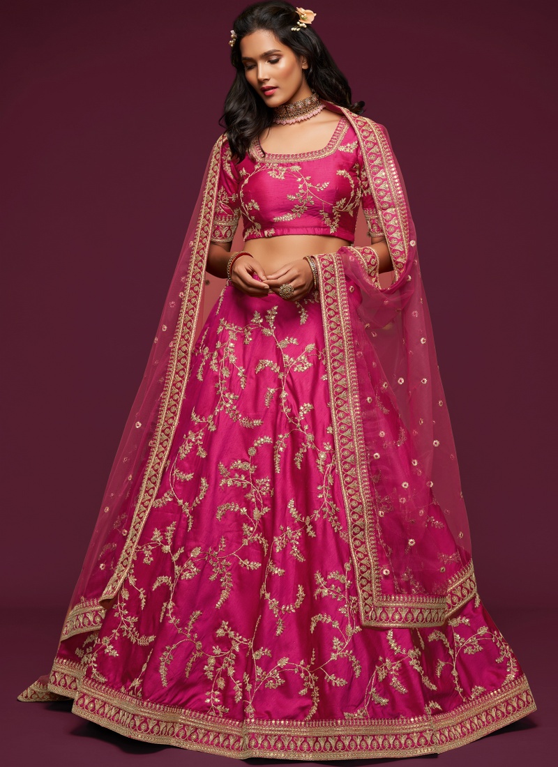 Pink Art Silk Thread Embroidery Wedding Lehenga Choli