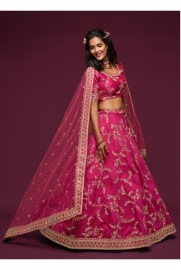 Pink Art Silk Thread Embroidery Wedding Lehenga Choli