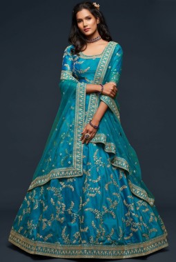 Teal Blue Art Silk Dori Embroidery Wedding Lehenga Choli