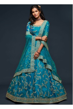 Teal Blue Art Silk Dori Embroidery Wedding Lehenga Choli