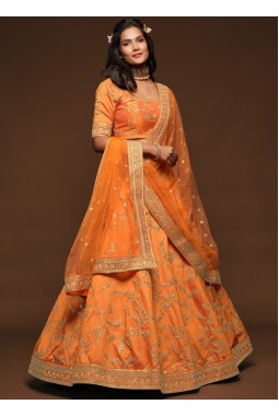 Orange Art Silk Zari Embroidery Wedding Lehenga Choli