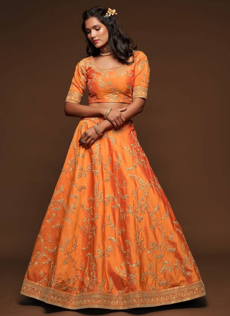 Orange Art Silk Zari Embroidery Wedding Lehenga Choli