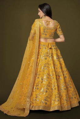 Yellow Slub Silk Embroidery Wedding Lehenga Choli