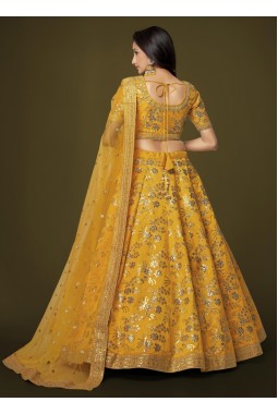 Yellow Slub Silk Embroidery Wedding Lehenga Choli