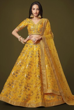 Yellow Slub Silk Embroidery Wedding Lehenga Choli