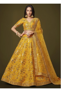 Yellow Slub Silk Embroidery Wedding Lehenga Choli