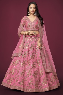 Pink Slub Silk Zari Embroidery Wedding Lehenga Choli