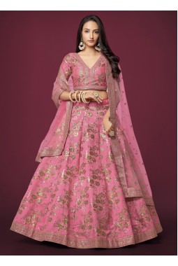 Pink Slub Silk Zari Embroidery Wedding Lehenga Choli