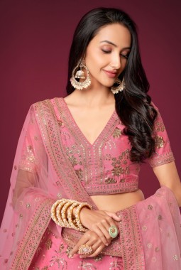 Pink Slub Silk Zari Embroidery Wedding Lehenga Choli