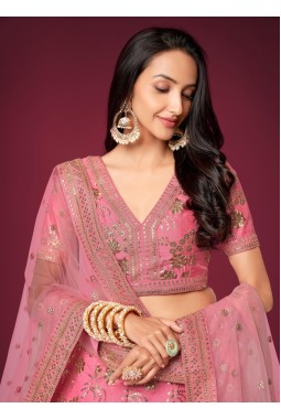 Pink Slub Silk Zari Embroidery Wedding Lehenga Choli