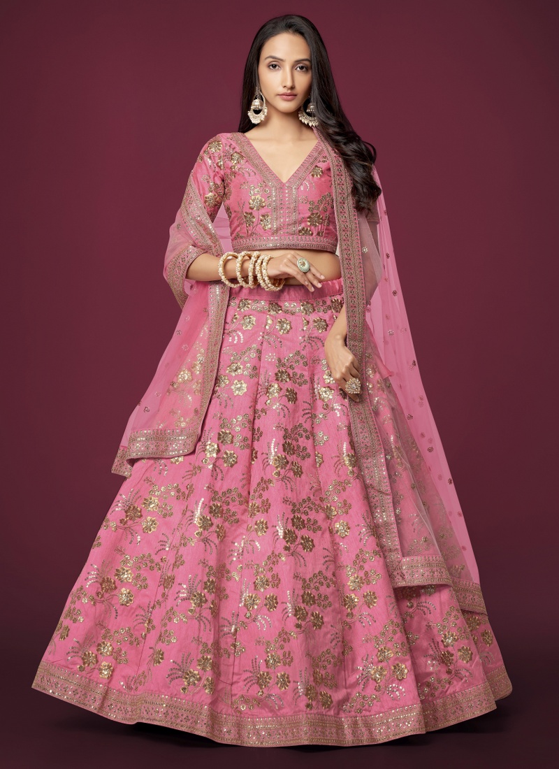 Pink Slub Silk Zari Embroidery Wedding Lehenga Choli