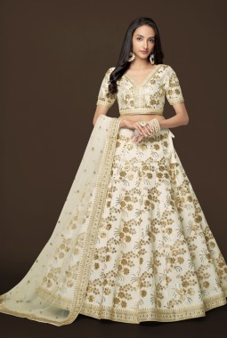 White Slub Silk Dori Embroidery Party Wear Lehenga Choli
