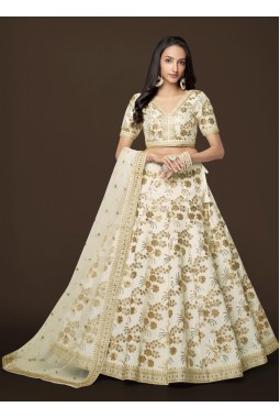 White Slub Silk Dori Embroidery Party Wear Lehenga Choli