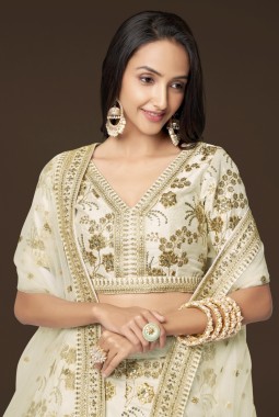 White Slub Silk Dori Embroidery Party Wear Lehenga Choli