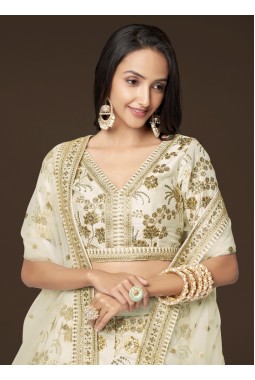 White Slub Silk Dori Embroidery Party Wear Lehenga Choli