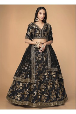 Black Slub Silk Sequins Party Wear Lehenga Choli