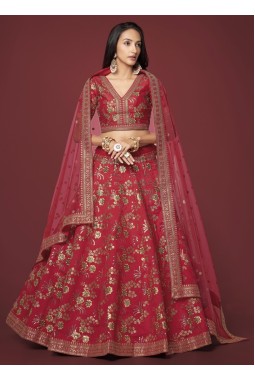 Red Slub Silk Zari Embroidery Wedding Lehenga Choli