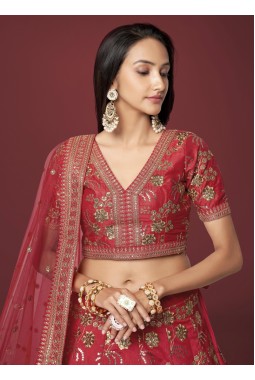 Red Slub Silk Zari Embroidery Wedding Lehenga Choli