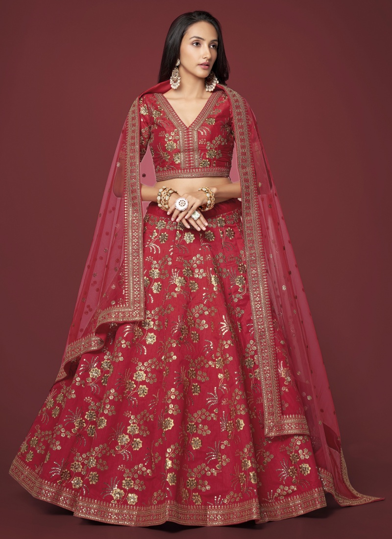 Red Slub Silk Zari Embroidery Wedding Lehenga Choli