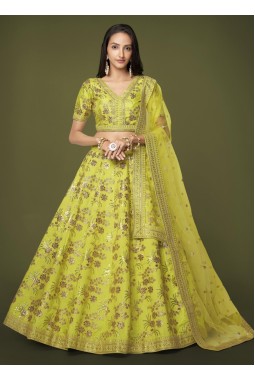Neon Slub Silk Embroidery Wedding Lehenga Choli