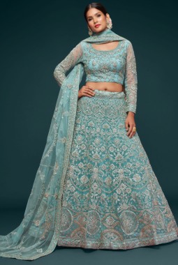 Ocean Aqua Soft Glitter Work Wedding Lehenga Choli