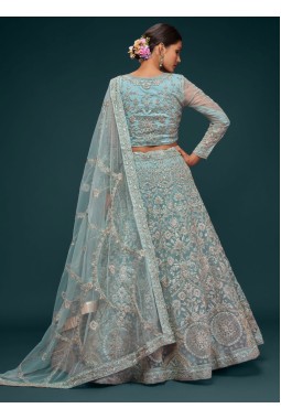 Ocean Aqua Soft Glitter Work Wedding Lehenga Choli