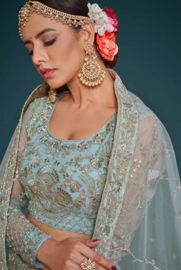 Ocean Aqua Soft Thread Embroidery Wedding Lehenga Choli