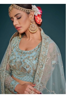 Ocean Aqua Soft Thread Embroidery Wedding Lehenga Choli