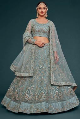 Ocean Aqua Soft Thread Embroidery Wedding Lehenga Choli