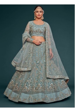 Ocean Aqua Soft Thread Embroidery Wedding Lehenga Choli