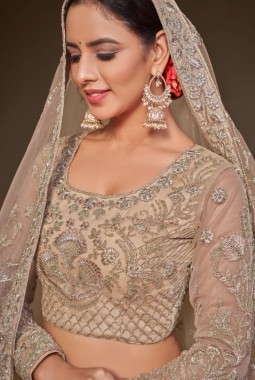 Royal Beige Soft Net Glitter Dori Embroidery Wedding Lehenga Choli