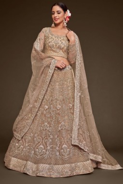 Royal Beige Soft Net Glitter Dori Embroidery Wedding Lehenga Choli