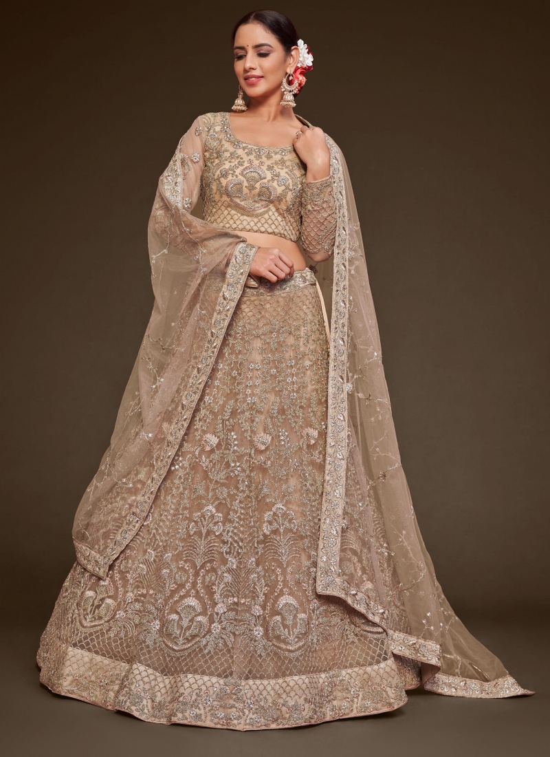 Royal Beige Soft Net Glitter Dori Embroidery Wedding Lehenga Choli