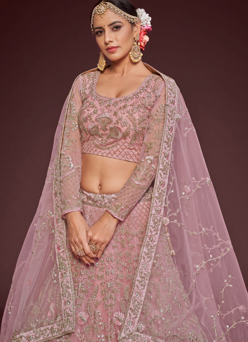 Pearl Pink Soft Net Embroidery Wedding Lehenga Choli