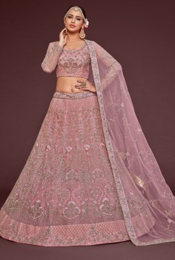 Pearl Pink Soft Net Embroidery Wedding Lehenga Choli