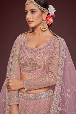 Pearl Pink Soft Net Embroidery Wedding Lehenga Choli