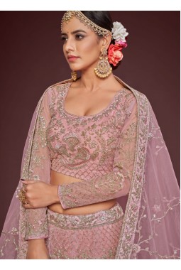 Pearl Pink Soft Net Embroidery Wedding Lehenga Choli