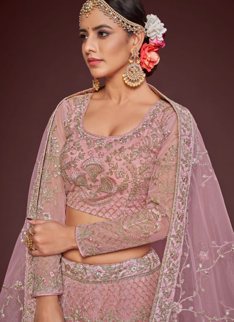 Pearl Pink Soft Net Embroidery Wedding Lehenga Choli