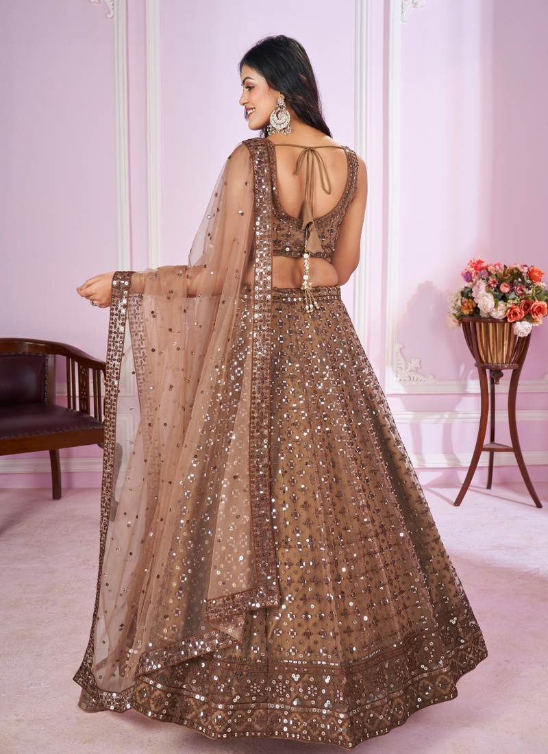 Brown Soft Net Thread Embroidered Wedding Lehenga Choli