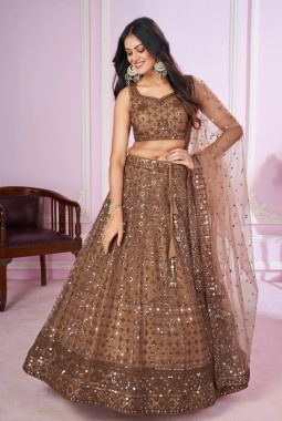 Brown Soft Net Thread Embroidered Wedding Lehenga Choli