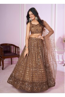 Brown Soft Net Thread Embroidered Wedding Lehenga Choli