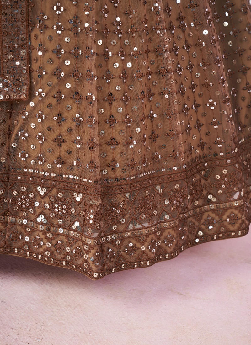 Brown Soft Net Thread Embroidered Wedding Lehenga Choli